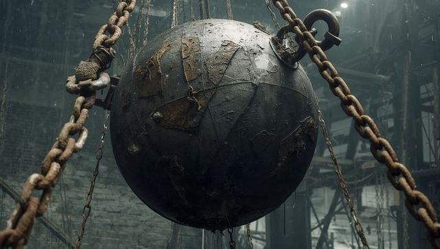 Swaying corroded metal sphere hanging from rusted chains in derelict industrial warehouse