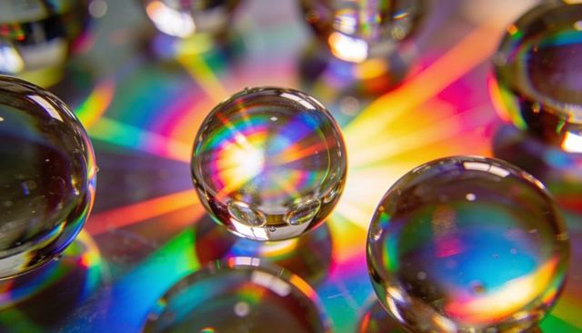 Glass droplet refracting rainbow starburst on optical disc macro closeup abstract spectrum