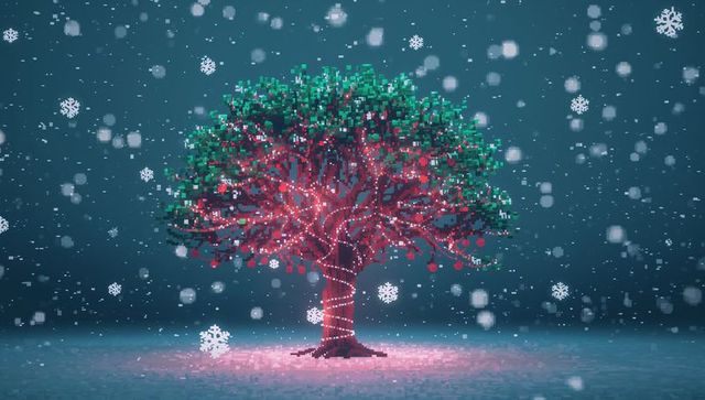 Glowing Voxel Evergreen with Spiraling LED Lights and Falling Snow, Pink Glow Pixel Art