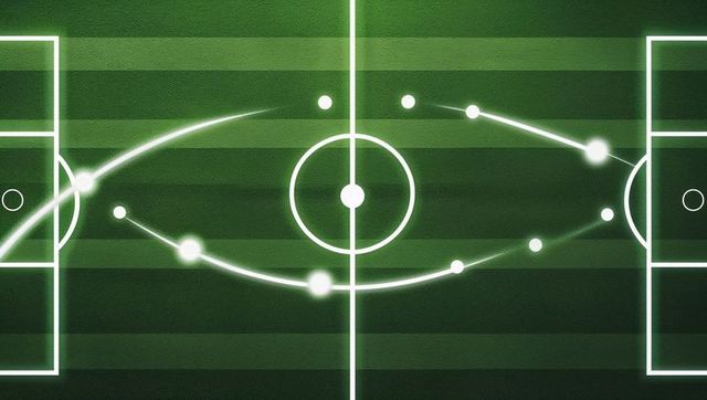 Futuristic neon football field with strategic passing paths