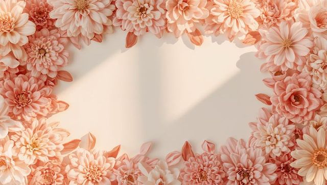 Peach blush dahlia floral frame framing cream center blank space for wedding invitation
