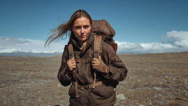 Windblown woman hiker carrying heavy backpack across rugged alpine plain facing camera