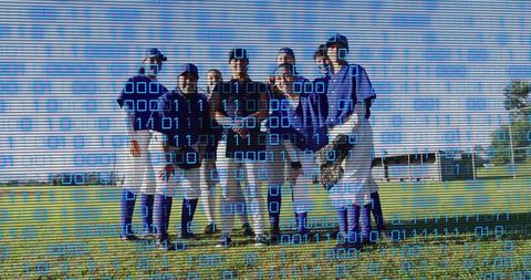 Female Baseball Team Displaying Team Spirit on Blue Sky Day