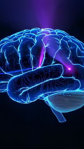 Vertical neon brain visualization with magenta stimulation beam tracing neural activation