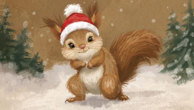 Adorable squirrel wearing santa hat standing in snowy woodland with falling snowflakes