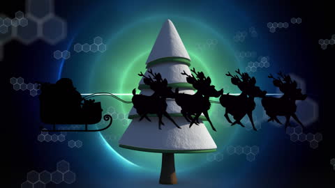 Santa's Sleigh Silhouette Flying Over Christmas Tree