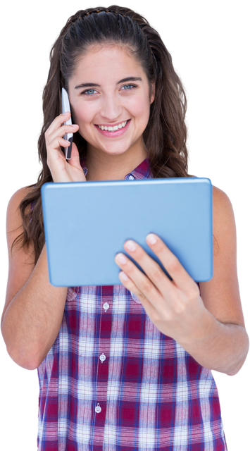 Smiling Young Woman with Tablet Making Phone Call - Transparent - Download Free Stock Videos Pikwizard.com