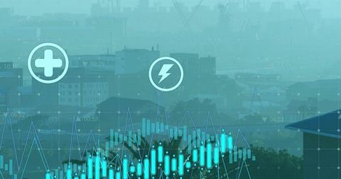 Turquoise candlestick chart overlaying urban skyline showing energy and healthcare trends