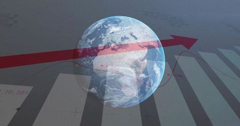 Global growth visualization showing earth with upward red arrow over translucent bar chart