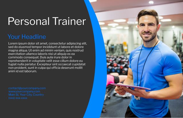 Confident personal trainer standing in a modern gym, holding a tablet. Ideal for promoting fitness services, gym memberships, workout programs, and personal training sessions. Great for advertisements, promotional materials, and fitness-related content.