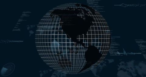 Wireframe globe rotating over dark digital dashboard with radar telemetry and code overlays