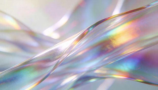Flowing iridescent ribbon of translucent prismatic light, pastel glossy gradient motion