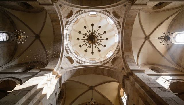 Majestic church dome with ornate brass chandelier and sunlit vaulted arches, upward view