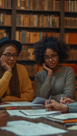 Vertical library study session with students collaborating, taking notes, researching
