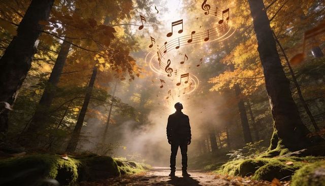 Backlit Man Standing on Misty Autumn Trail Wearing Headphones with Spiral Music Notes