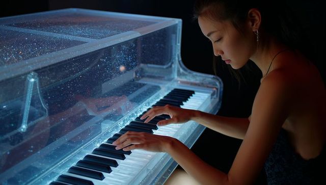 Female pianist playing transparent crystal piano with blue glow, low-key studio portrait