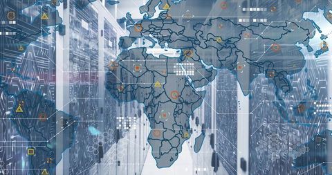 Holographic World Map Over Data Center Hall with Network Icons