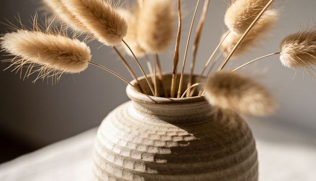 Sunlit ribbed stoneware vase with dried bunny tail grass for minimalist home decor