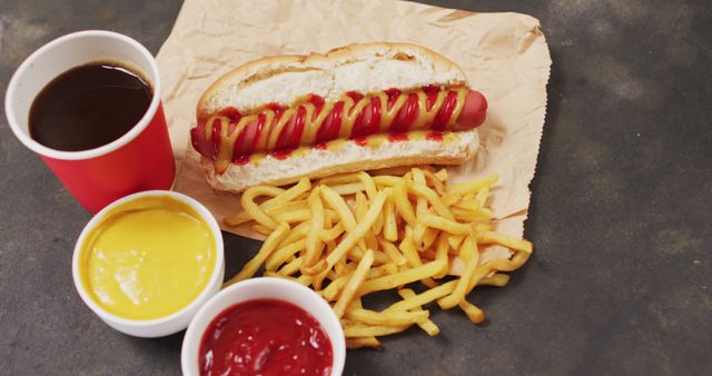 Image of hot dog with mustard, ketchup and chips on a black surface - Download Free Stock Photos Pikwizard.com