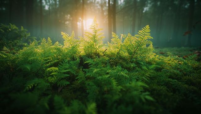 Enchanting Fern Forest with Sunrise and Misty Atmosphere