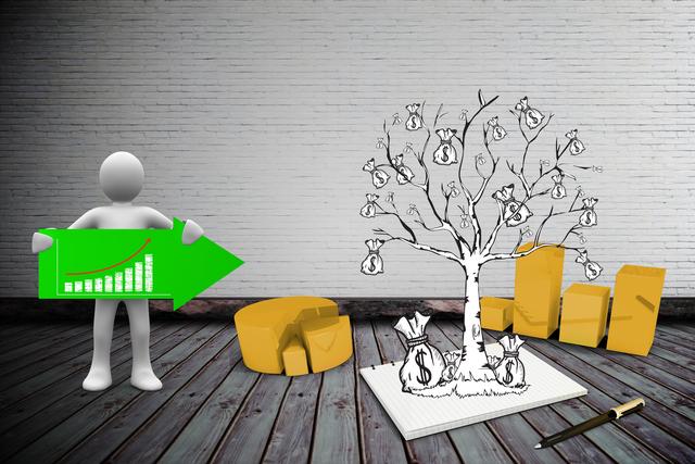 3D Figure with Growth Arrow and Money Tree on Wooden Floor - Download Free Stock Photos Pikwizard.com