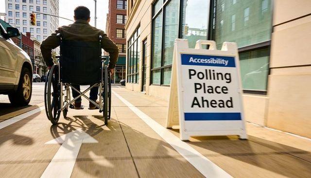 Wheelchair user heading along urban sidewalk toward accessible polling place sign