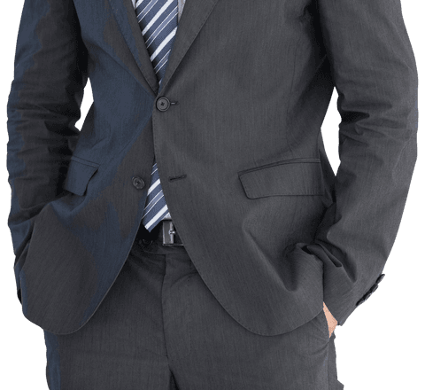 Sleek Businessman in Dark Suit Standing with Hand in Pocket