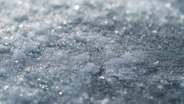Shimmering ice crystals on frozen pavement macro frost texture with bokeh sparkle