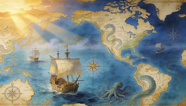 Exploring galleon navigating mythical seas on antique nautical world map with kraken