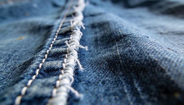 Frayed denim seam showing white topstitching and textured weave macro detail