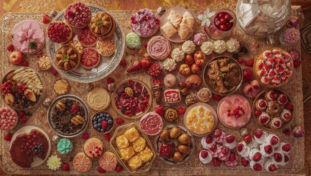 Elegant overhead dessert buffet on silver trays, colorful pastries, tarts, macarons, berries