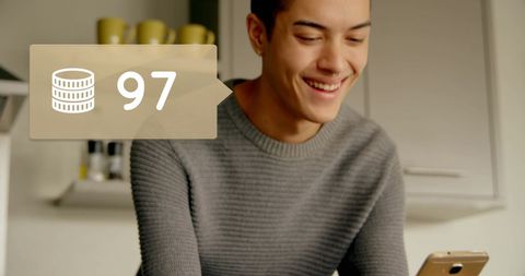 Smiling Man Engaged in Mobile Banking with Innovation Bubble