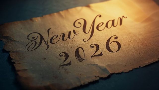 Vintage New Year 2026 Calligraphy on Aged Parchment with Warm Light and Texture