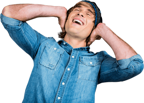 Cheerful Hipster Man in Denim Experiencing Joy Listening, Transparent Background - Download Free Stock Videos Pikwizard.com