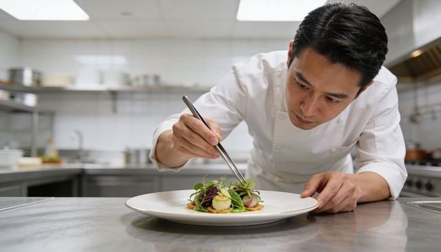 Chef plating gourmet vegetable entree with precision tweezers on stainless steel counter