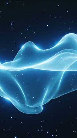 Luminous blue ribbon morphing and gliding through starfield emitting glowing filaments