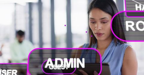 Woman holding tablet viewing admin holographic interface with neon ui in modern office