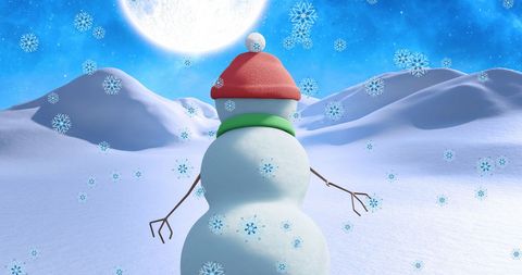 Snowfall Covers Animated Snowman in Scenic Winter Landscape