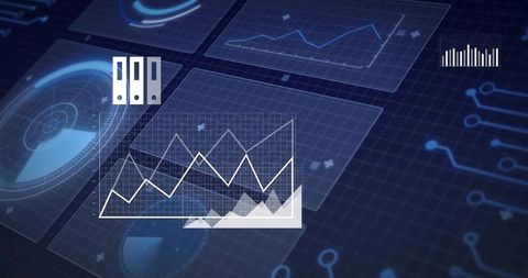 Futuristic Analytics Dashboard Showing Holographic Line Graphs and Circuit Data Interface