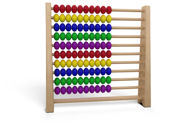 Vector illustration showing colorful abacus with a wooden frame isolated on transparent background. Abacus comprises brightly colored beads in rows. Suitable for educational material, math lessons, back-to-school designs, website graphics about learning tools, print for class resources.