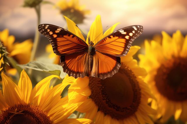 This stunning scene showcases a vibrant butterfly resting on a sunflower at sunset. The bright colors of the butterfly wings juxtaposed with the sunflower petals make for a visually striking composition. Ideal for use in nature-themed decor, educational materials, gardening magazines, or environmental awareness campaigns.