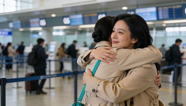 Women hugging at airport check-in saying goodbye in beige trench coats with turquoise bag