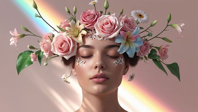Serene Woman with Floral Crown and Rainbow Glow