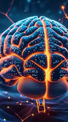 Orbiting brain visualization pulsing neural pathways with flickering formulas digital sci-fi