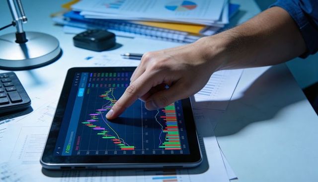 Hand tapping tablet candlestick chart at desk showing real-time stock market trading analysis