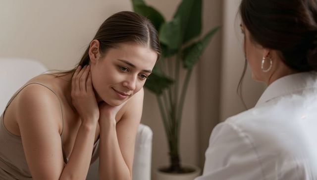 Young woman leaning and touching neck during confidential therapy session with counselor