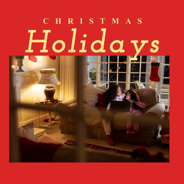 Composition of christmas holidays offer text over biracial sisters at christmas. Christmas, holidays, festivity, tradition and celebration concept digitally generated video.