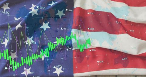 American Flag Merged with World Map and Financial Data Visualization