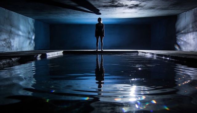 Silhouetted woman standing on pool ledge, reflective blue ripples and cinematic lighting