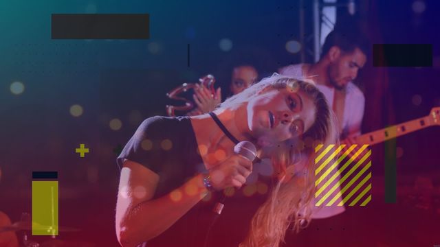 Woman singing energetically with vibrant neon and blurry abstraction creating dynamic visual effects. Perfect for promoting music events, concerts, parties, and artistic projects emphasizing creativity and vibrant energy. Ideal inspiration for concert posters and entertainment ads.